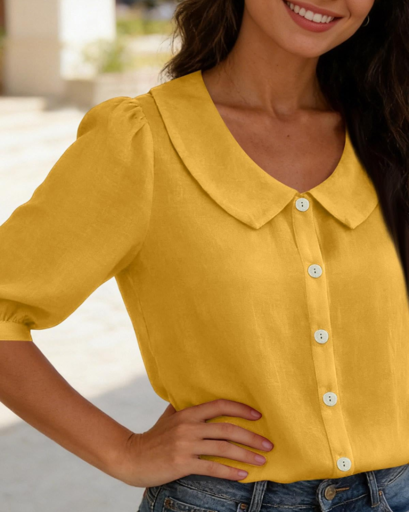 Camisa Belladonna para Mulher Efeito Linho – Blusa com Gola Claudine e Mangas Bufantes