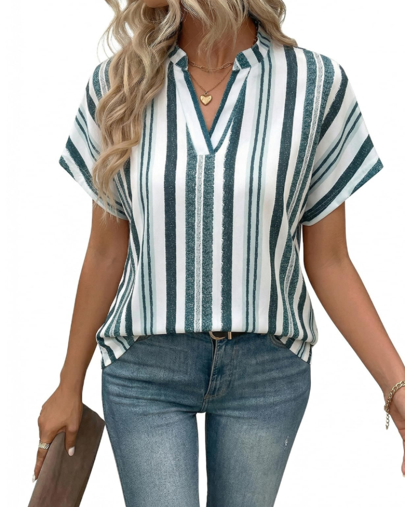 Emily blouse voor dames met strepen – elegante V-hals en korte mouwen