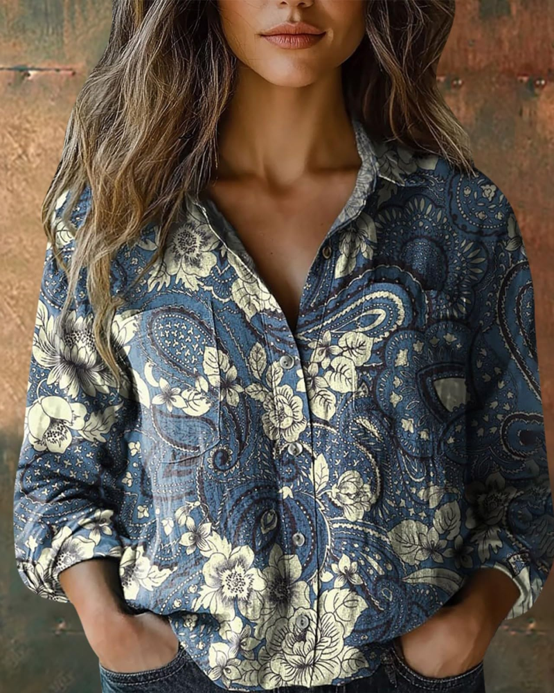Amelia Blouse Femme Lin – Col V Fleuri Manches Longues Boutonnée