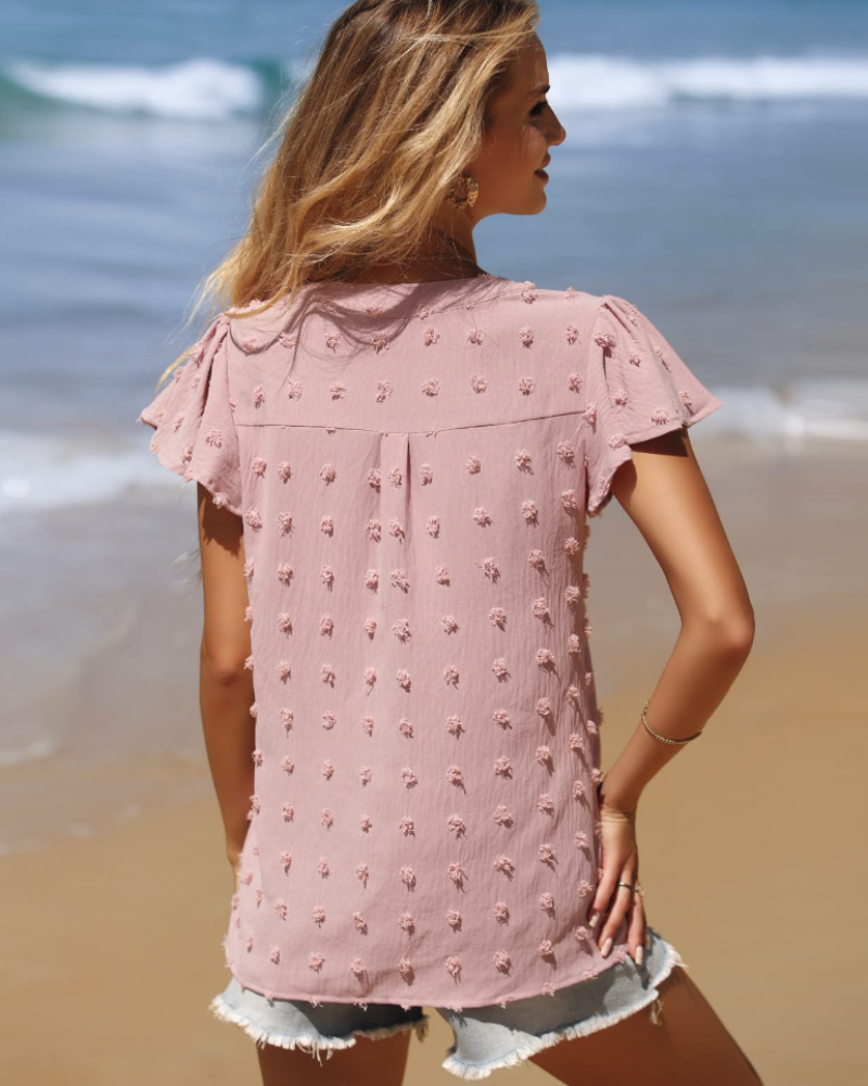 Emily Blouse Femme Été – Col V Manches Volantées Unie