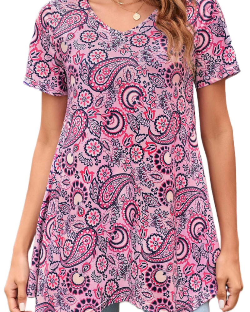 Tunica Donna Estiva Ivy – Scollo a V Stampa Paisley Orlo Fluido