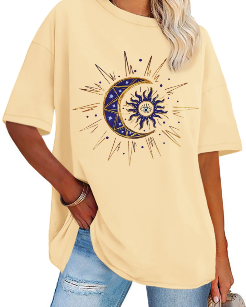 Mia T-shirt Dames Oversized Met Print – Casual Top Met Ronde Hals En Korte Mouwen