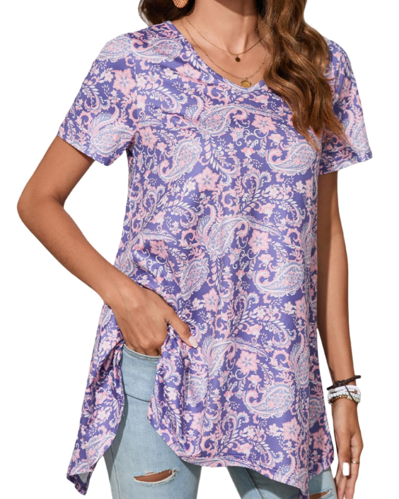 Tunica Donna Estiva Ivy – Scollo a V Stampa Paisley Orlo Fluido