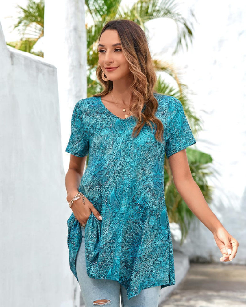 Tunica Donna Estiva Ivy – Scollo a V Stampa Paisley Orlo Fluido