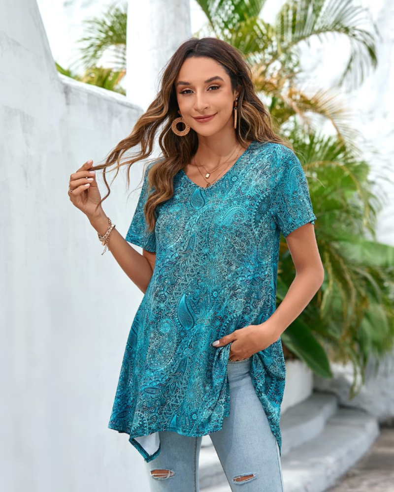 Tunica Donna Estiva Ivy – Scollo a V Stampa Paisley Orlo Fluido