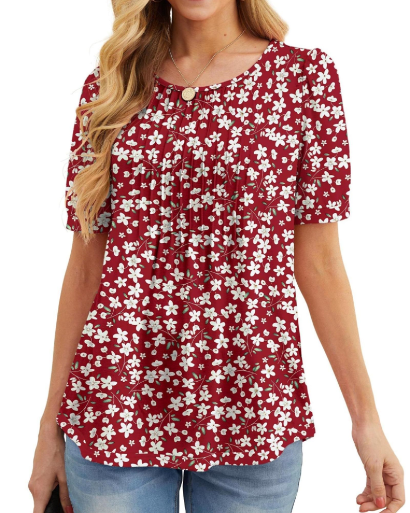 Lena T-shirt til kvinder sommer – Blomstret rund hals med plisserede korte ærmer
