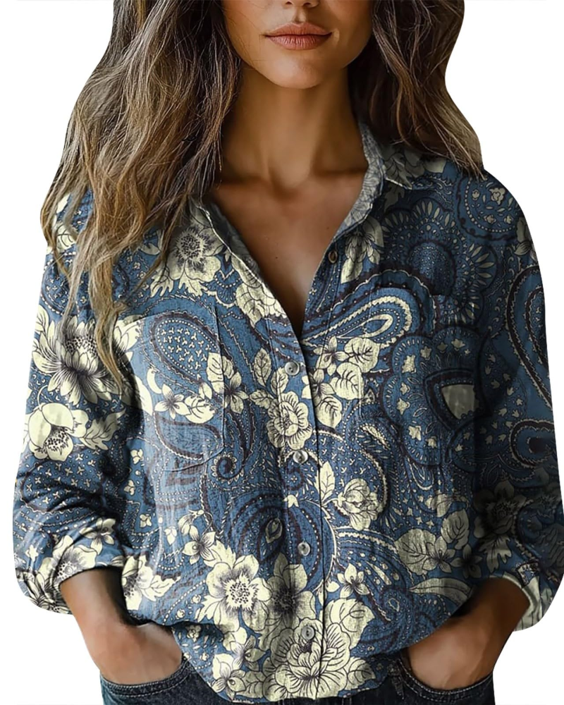 Amelia Blouse Femme Lin – Col V Fleuri Manches Longues Boutonnée