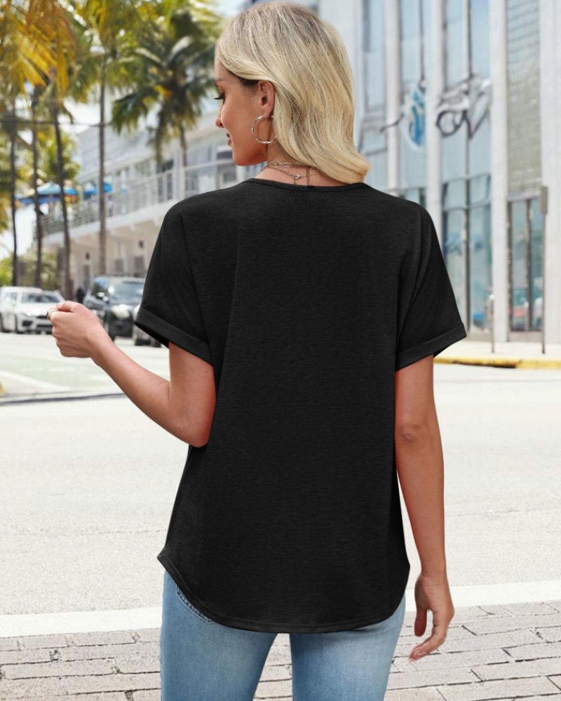 Mia Women's Summer Blouse – Lace Front V-Neck Short Sleeves