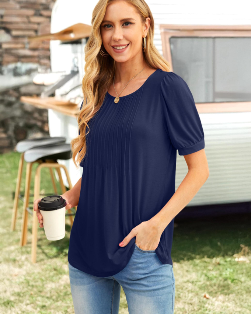 Lena T-shirt til kvinder sommer – Blomstret rund hals med plisserede korte ærmer