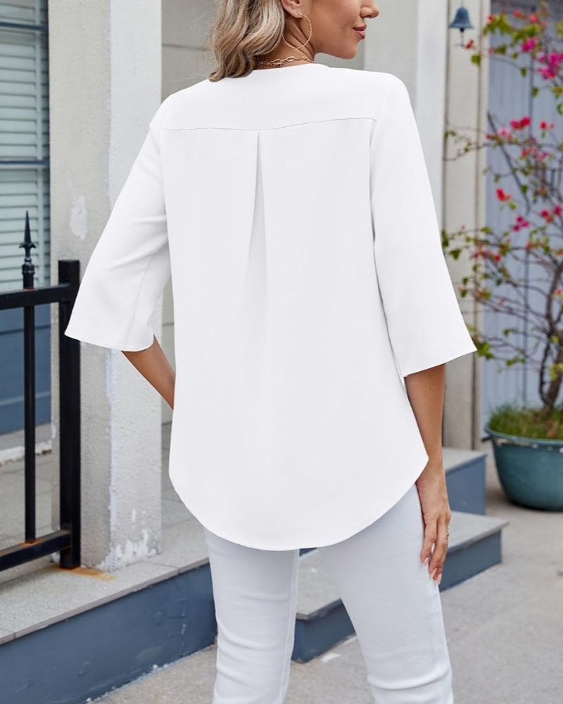 Bluzka damska Aran – dekolt w serek, falbany, rękawy 3/4, elegancka