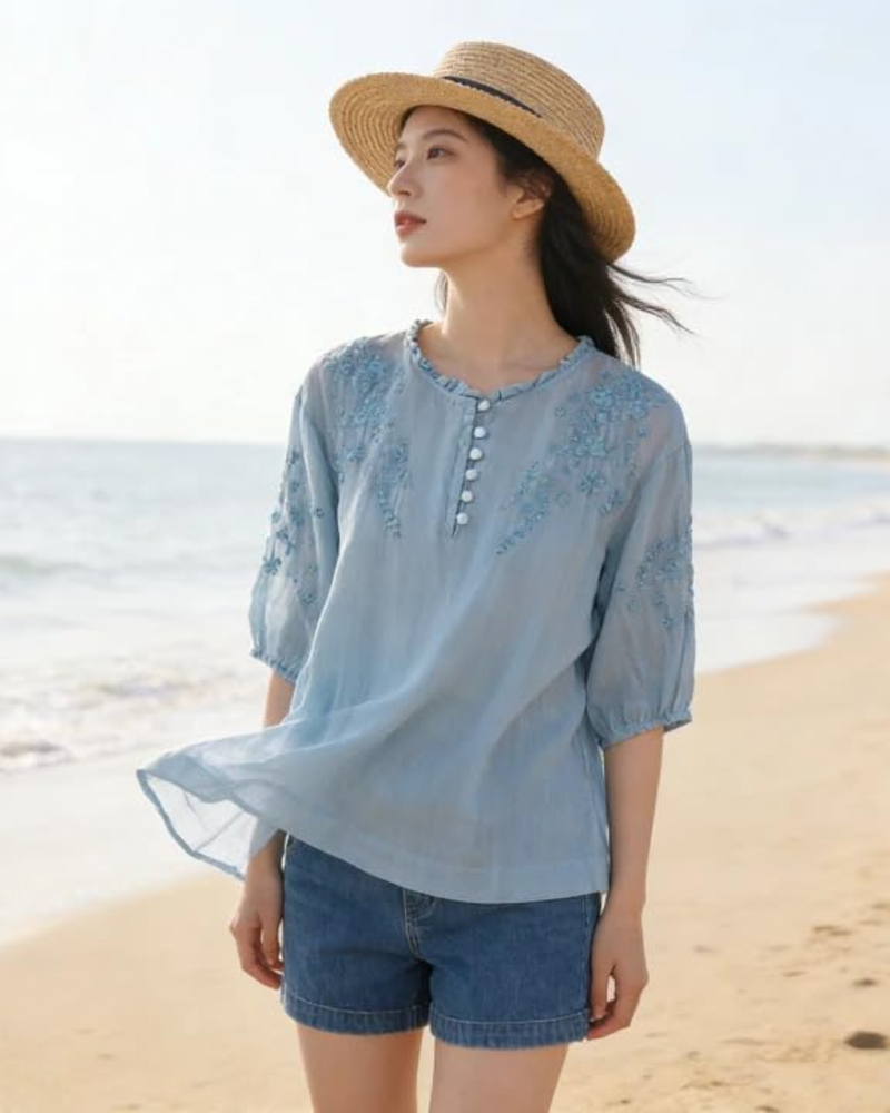 Brightyn Blusa Bohemia de Algodón para Mujer – Blusa Bordada con Mangas 3/4