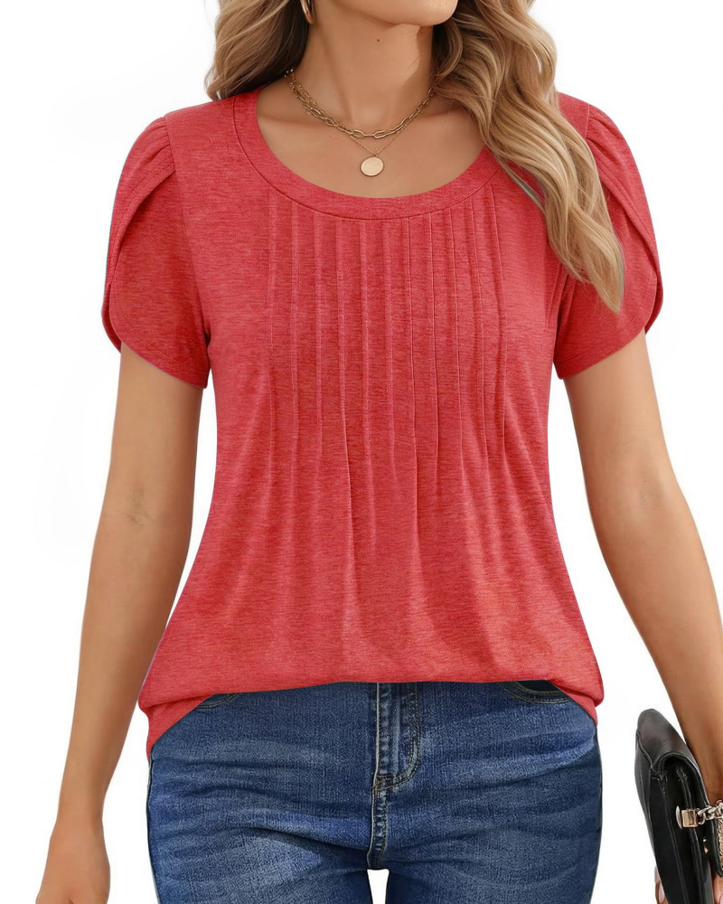 Fedora geplooide damesblouse – elegante ronde hals blouse met pofmouwen