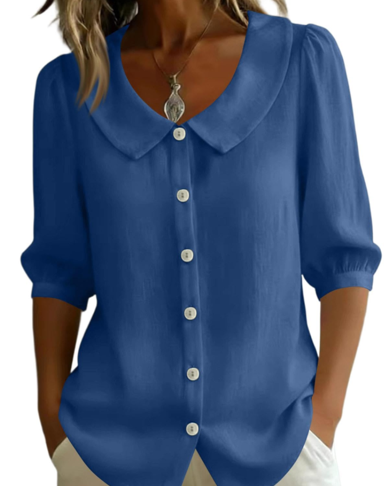 Camisa Belladonna para Mulher Efeito Linho – Blusa com Gola Claudine e Mangas Bufantes