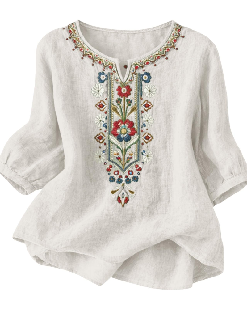 Blusa Sarah para mujer verano – lino algodón bordado floral cuello en V