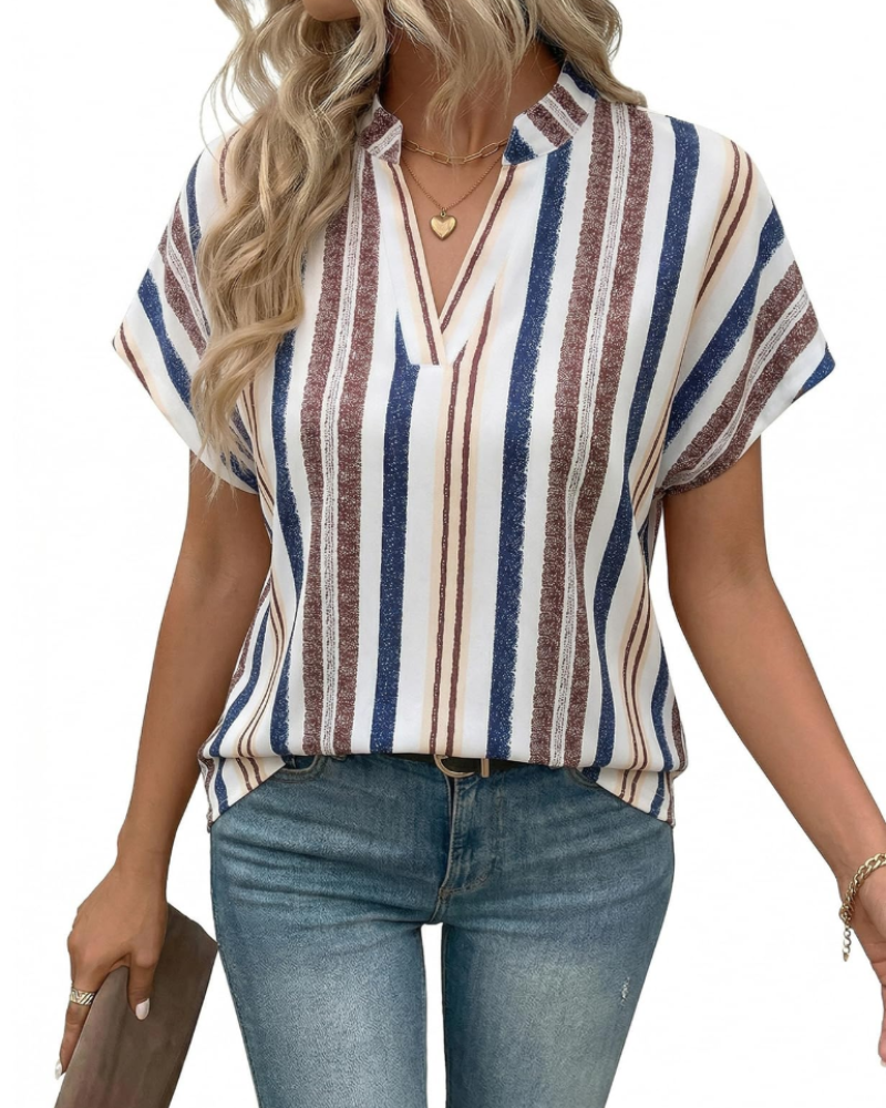 Emily blouse voor dames met strepen – elegante V-hals en korte mouwen