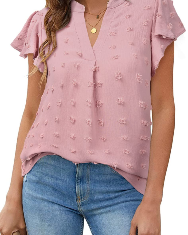Emily Blouse Femme Été – Col V Manches Volantées Unie