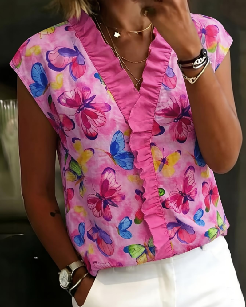 Farren Damenbluse mit Blumenmuster – V-Ausschnitt Bluse mit Volants und schulterfreiem Design