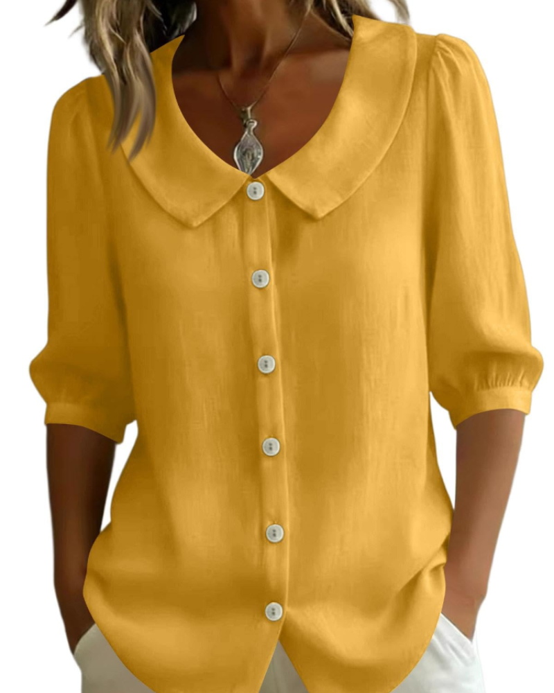 Camisa Belladonna para Mulher Efeito Linho – Blusa com Gola Claudine e Mangas Bufantes