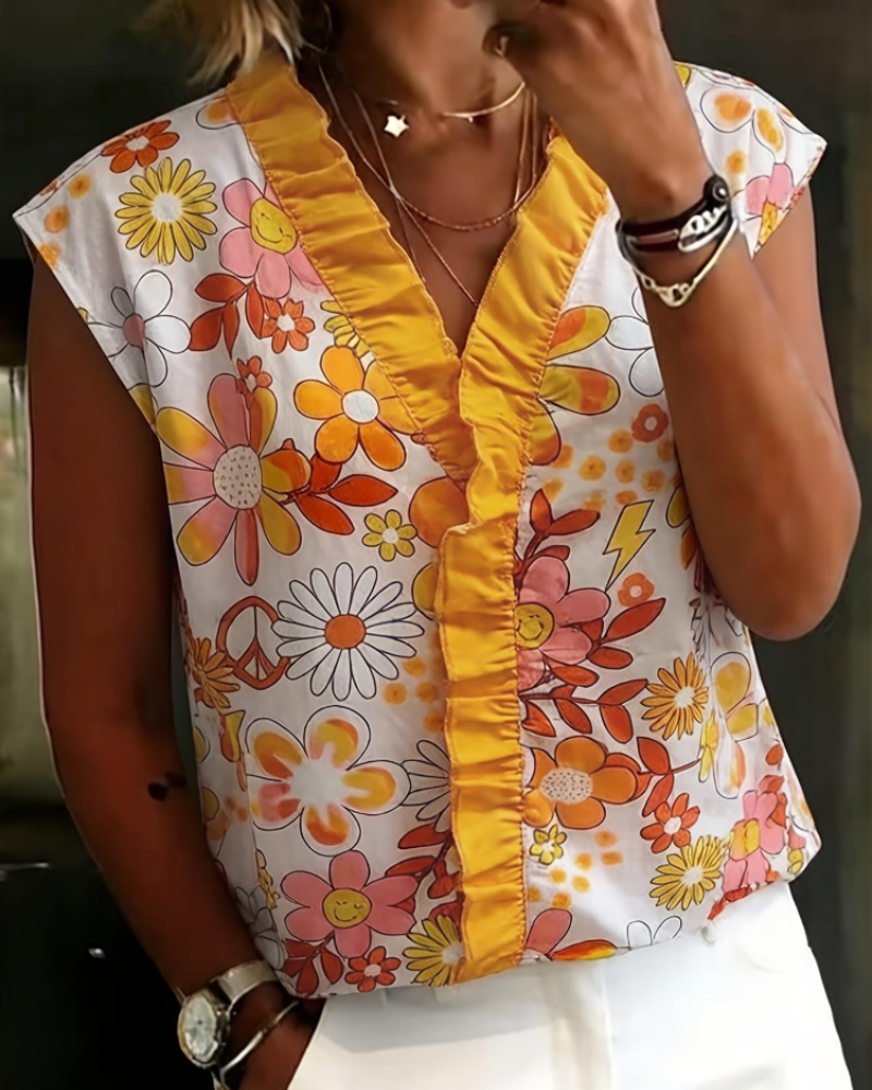 Farren Damenbluse mit Blumenmuster – V-Ausschnitt Bluse mit Volants und schulterfreiem Design