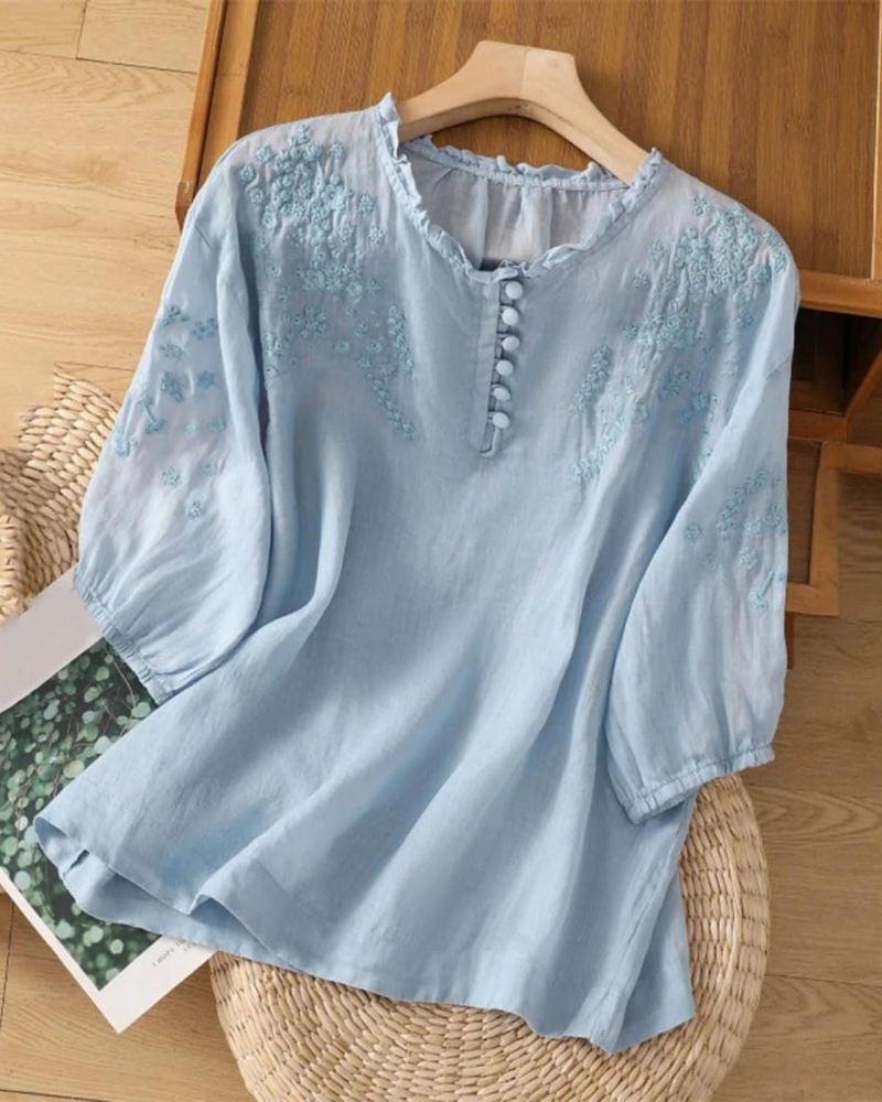Brightyn Blusa Bohemia de Algodón para Mujer – Blusa Bordada con Mangas 3/4