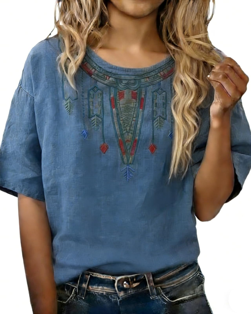 Blusa Sarah para mujer verano – lino algodón bordado floral cuello en V