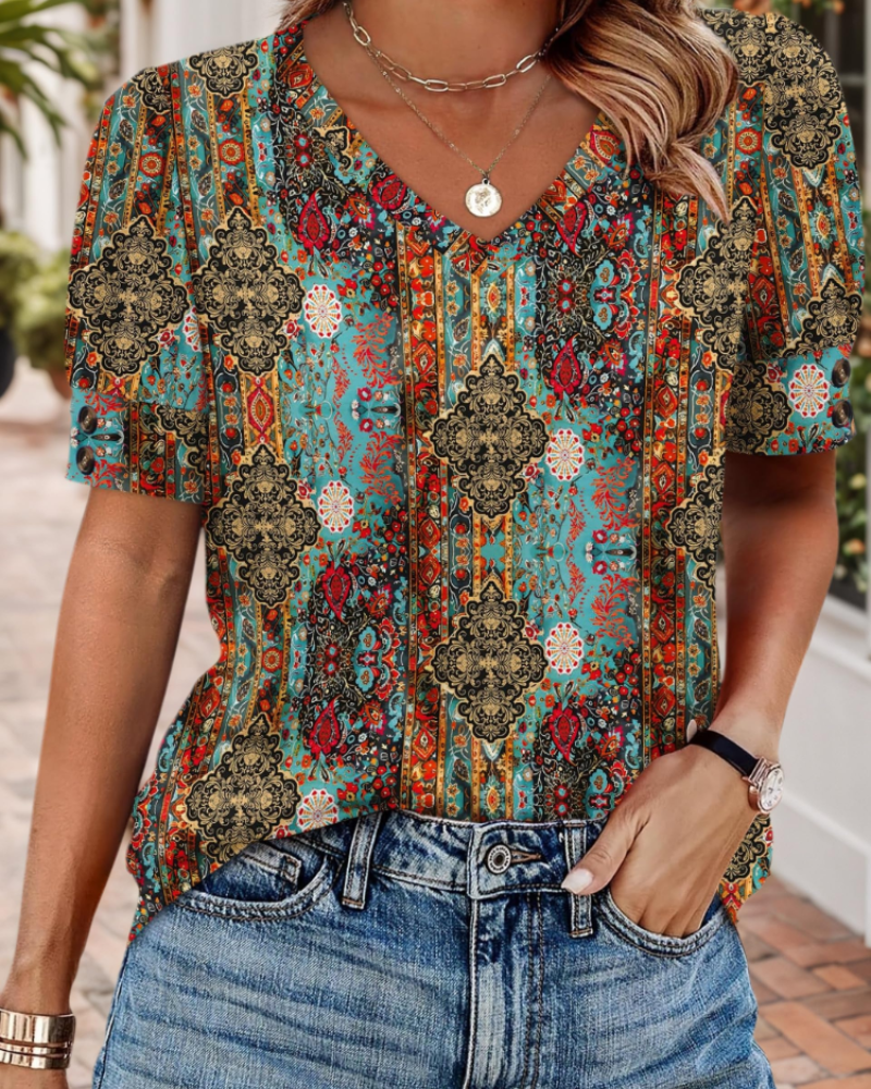 Grace Chemisier Femme Col V – Blouse Légère à Manches Courtes Élégante