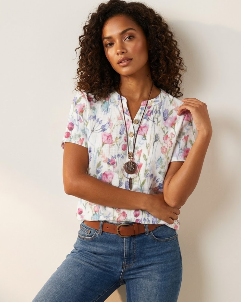 Blusa Elara Mulher – Camisa Floral com Decote em V, Botões, Mangas Curtas, Corte Fluido e Elegante