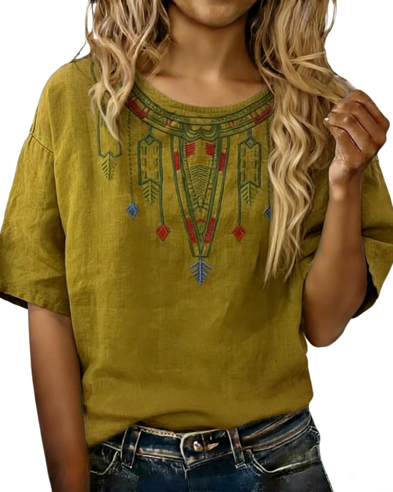 Blusa Sarah para mujer verano – lino algodón bordado floral cuello en V