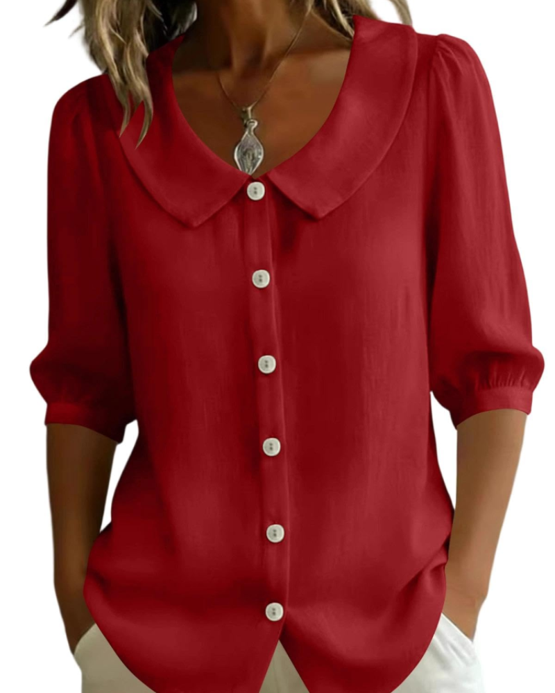 Camisa Belladonna para Mulher Efeito Linho – Blusa com Gola Claudine e Mangas Bufantes