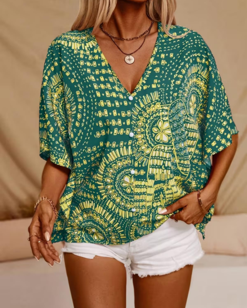 Benicia Oversized Women's Tunic – Bohemian V-Neck Blouse with Ethnic Print