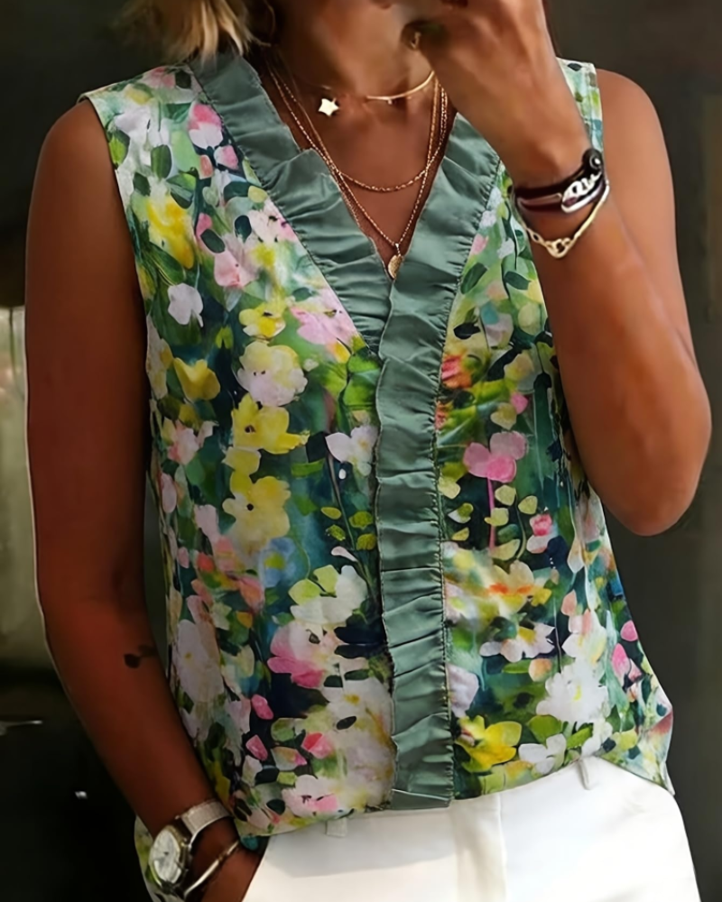 Farren Damenbluse mit Blumenmuster – V-Ausschnitt Bluse mit Volants und schulterfreiem Design