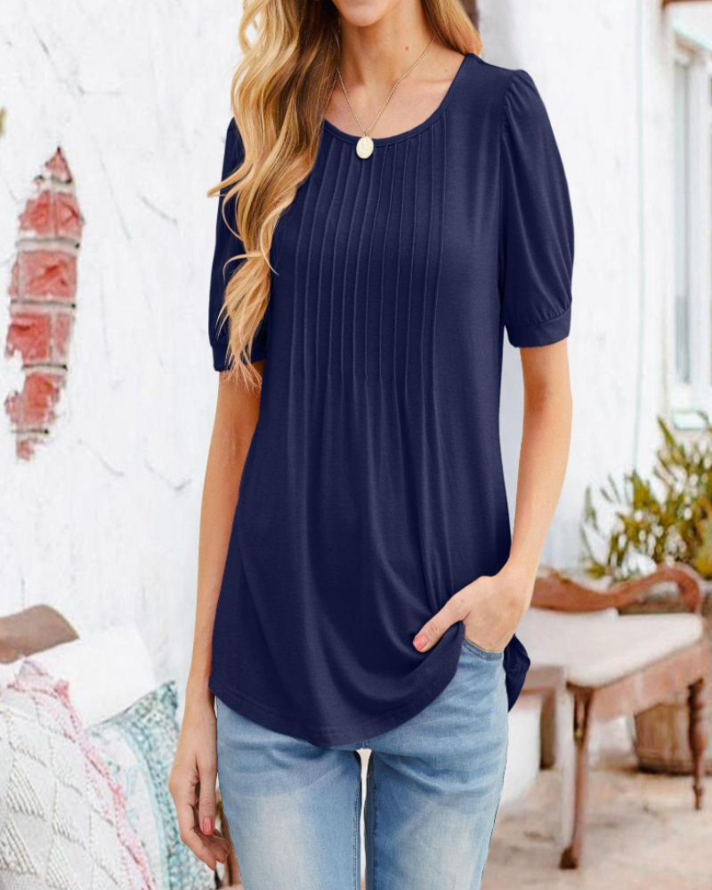 Lena T-shirt til kvinder sommer – Blomstret rund hals med plisserede korte ærmer