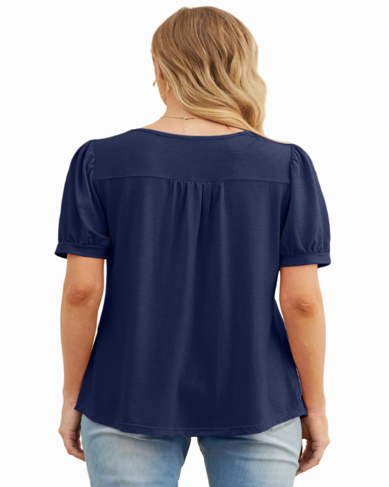 Lena T-shirt til kvinder sommer – Blomstret rund hals med plisserede korte ærmer