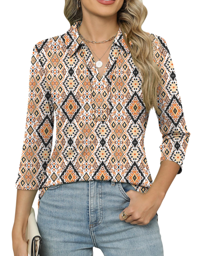 Bexlyn Dames Polo Blouse – V-hals Blouse met 3/4 Mouwen, Stijlvol en Casual