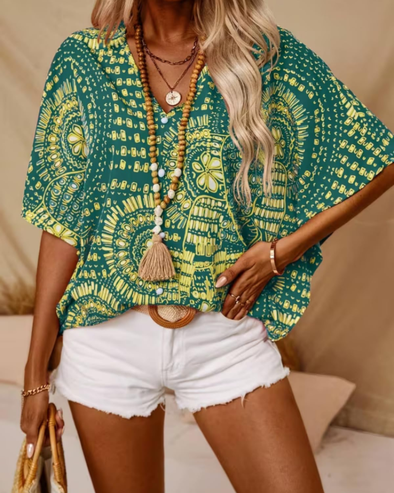 Benicia Oversized Women's Tunic – Bohemian V-Neck Blouse with Ethnic Print
