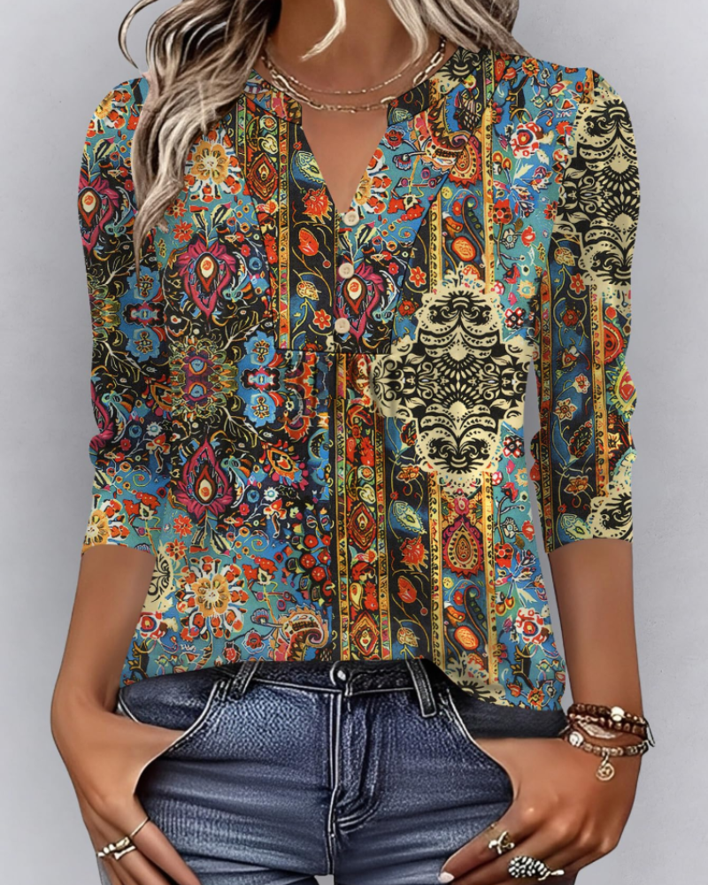 Hailey Chemisier Bohème Mulher – Blusa com Decote em V Plissada e Mangas 3/4