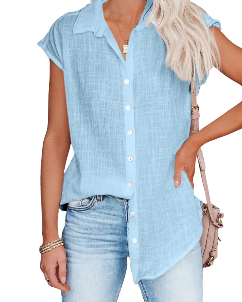 Maya Bluse Damen Sommer – Leinen V-Ausschnitt mit Knöpfen Kurzarm