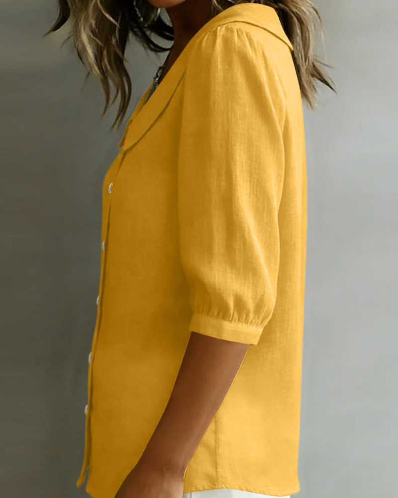 Camisa Belladonna para Mulher Efeito Linho – Blusa com Gola Claudine e Mangas Bufantes