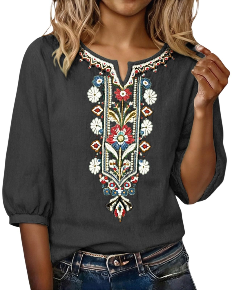Blusa Sarah para mujer verano – lino algodón bordado floral cuello en V