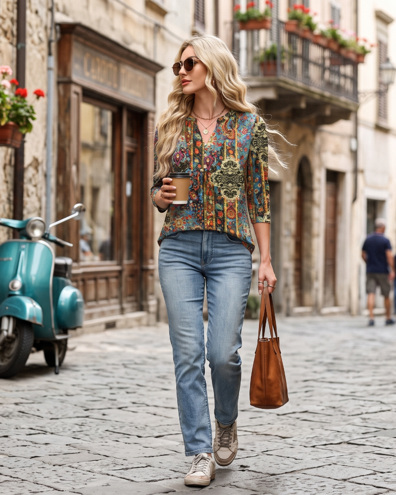 Hailey Chemisier Bohème Mulher – Blusa com Decote em V Plissada e Mangas 3/4