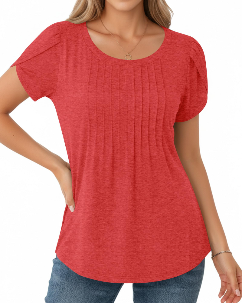 Fedora geplooide damesblouse – elegante ronde hals blouse met pofmouwen