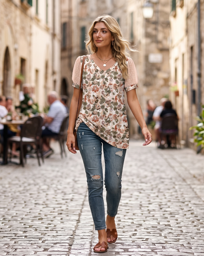 Γυναικείο πουκάμισο Lily με V λαιμόκοψη – Κομψό πουκάμισο Plumetis με φουσκωτά μανίκια