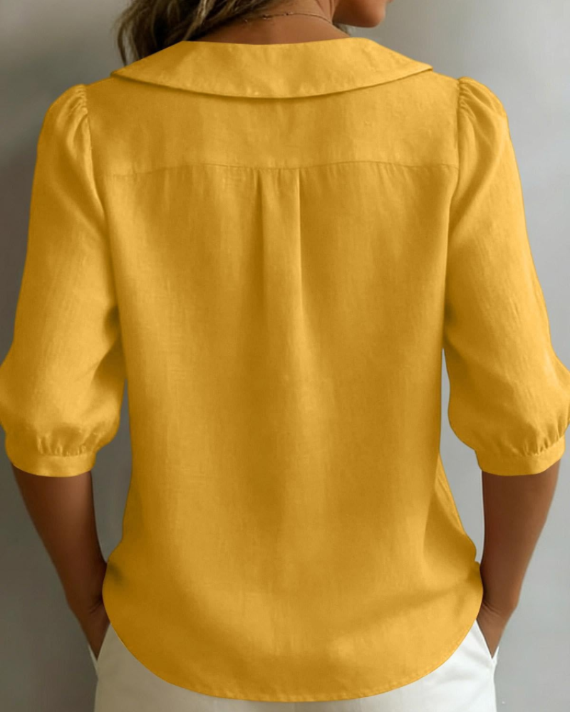 Camisa Belladonna para Mulher Efeito Linho – Blusa com Gola Claudine e Mangas Bufantes