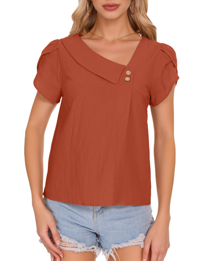 Bluzka Lily damska na lato – bawełniana z dekoltem w serek, rękawy w kształcie płatków, zapinana na guziki
