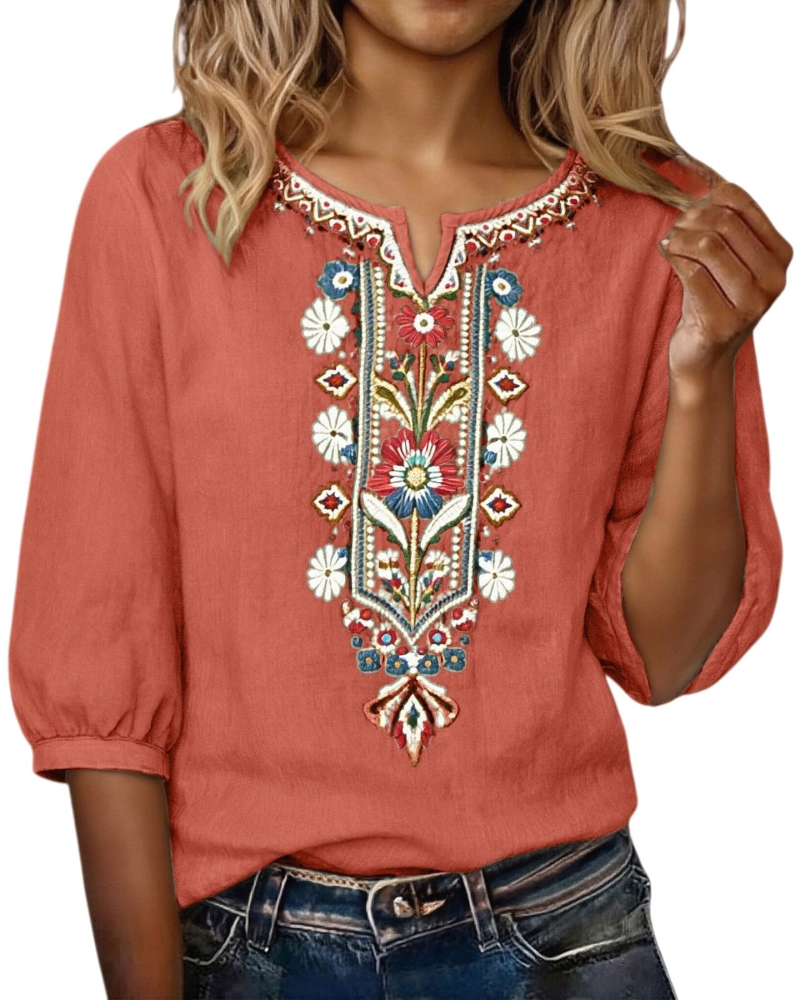 Blusa Sarah para mujer verano – lino algodón bordado floral cuello en V