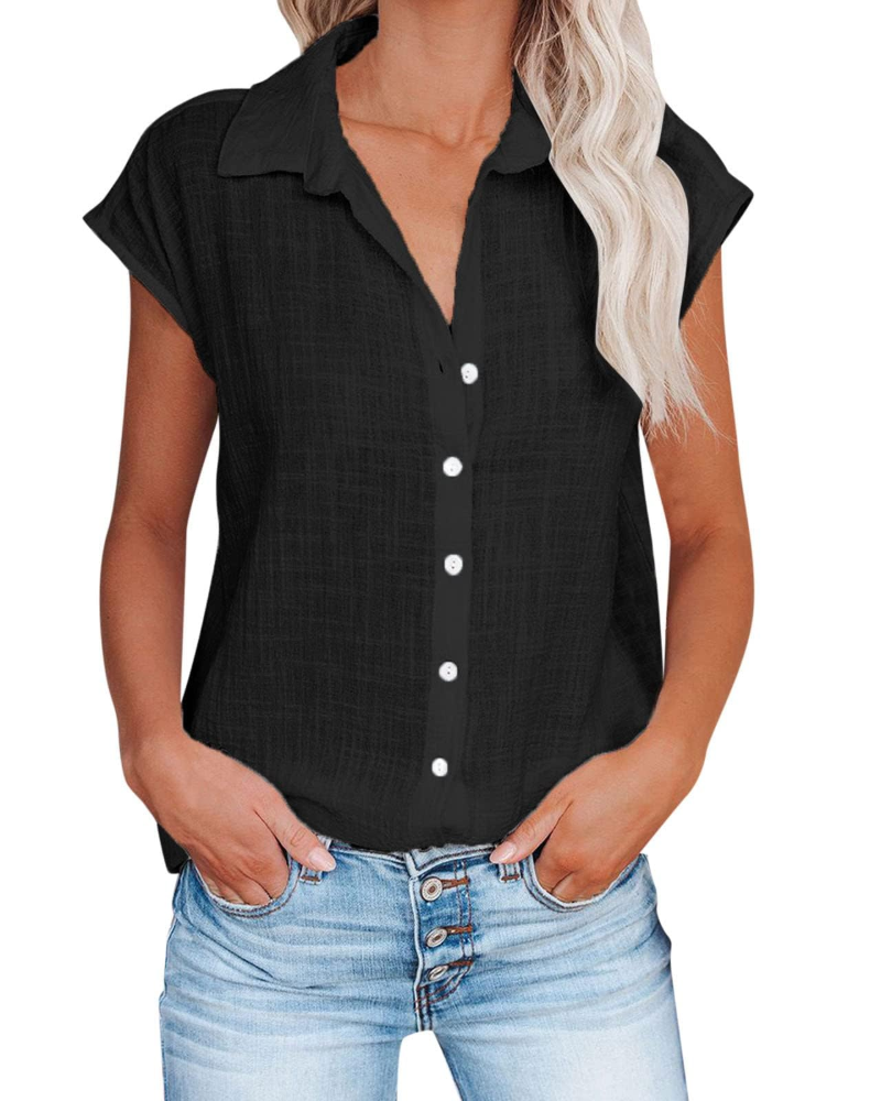 Maya Bluse Damen Sommer – Leinen V-Ausschnitt mit Knöpfen Kurzarm