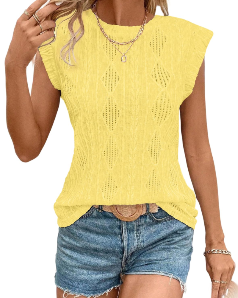 Avery Top Crochet Mulher – Top Sem Mangas Texturizado com Decote Redondo Leve para o Verão