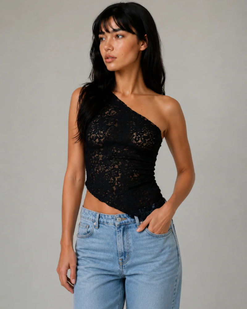 Corinne damski top z koronki – elegancki asymetryczny top na jedno ramię o dopasowanym kroju