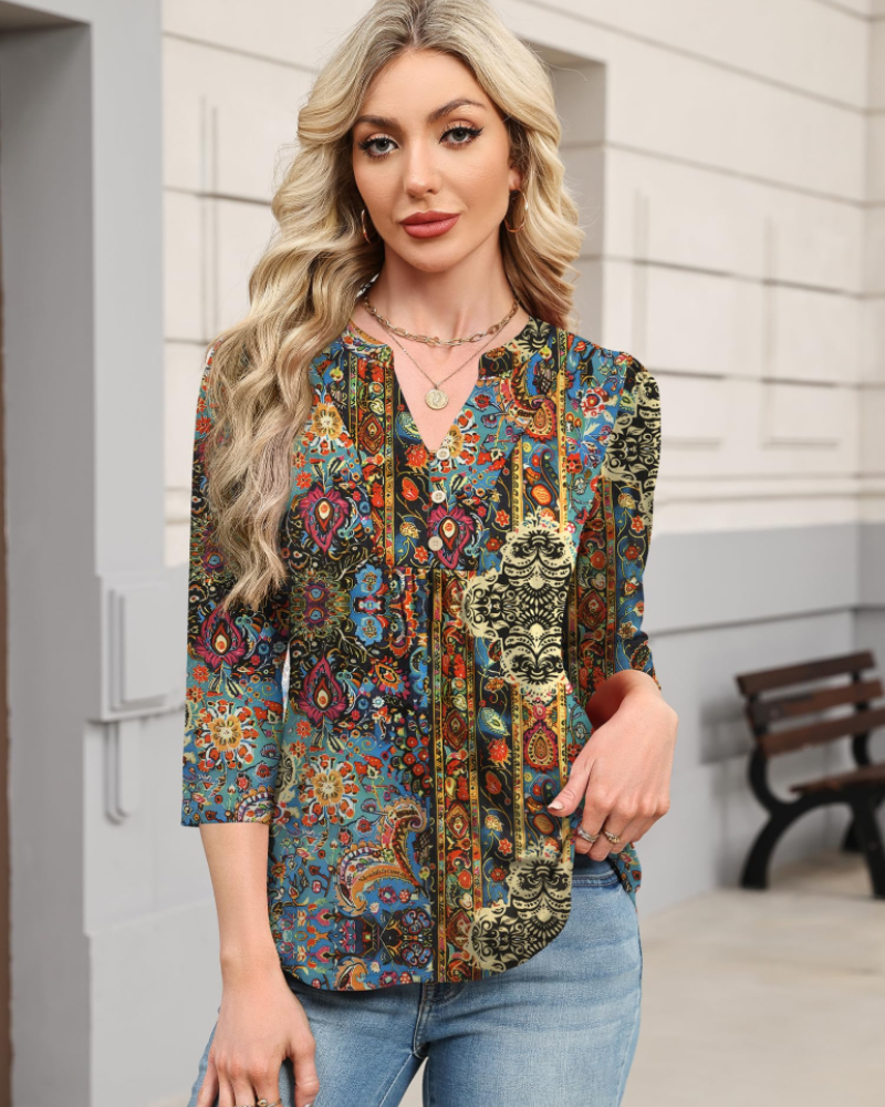 Hailey Chemisier Bohème Mulher – Blusa com Decote em V Plissada e Mangas 3/4