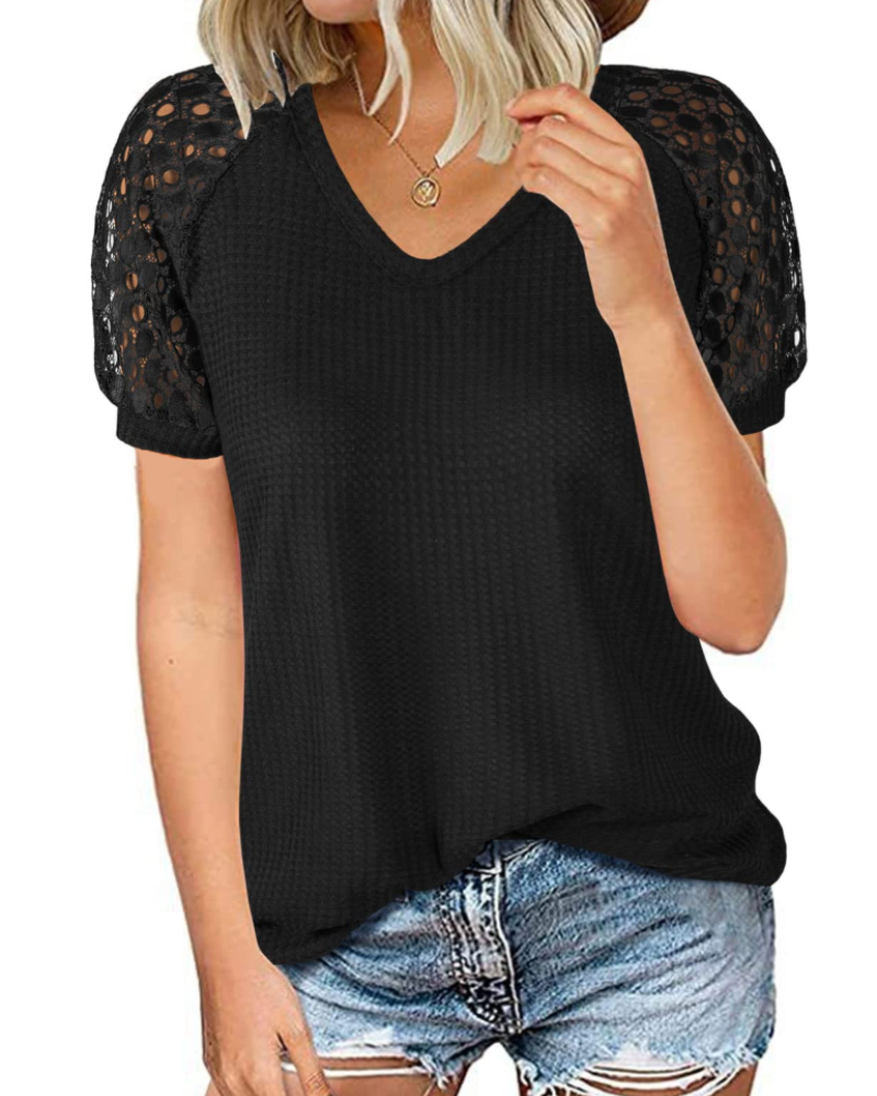 T-shirt Bella Mulher Verão – Decote em V Malha Texturada Mangas em Renda